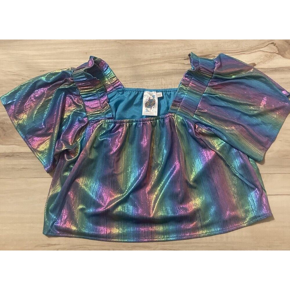 Queen Of Sparkles Blue Rainbow Top Women Size XS Flutter Sleeve NWOT